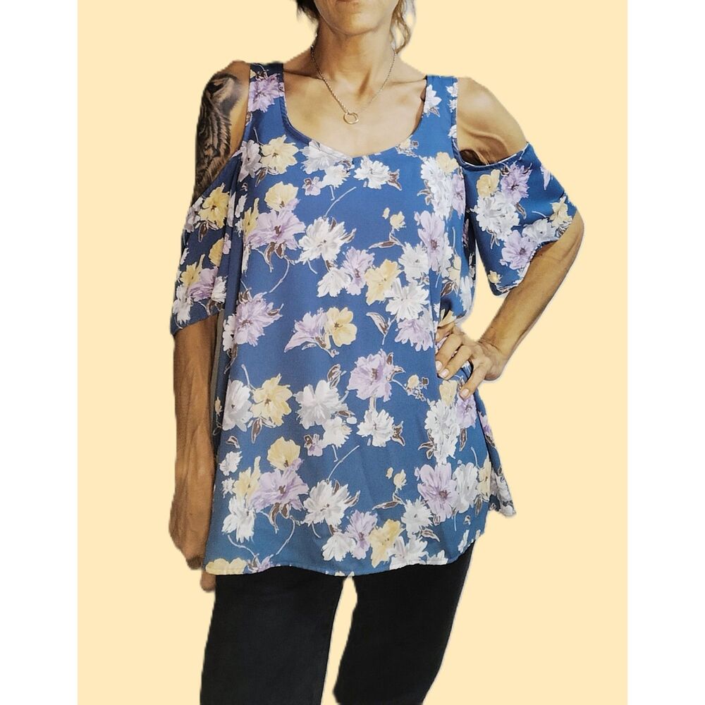 By Together ~Steel Blue Floral Cold Shoulder Top ~ Size Large